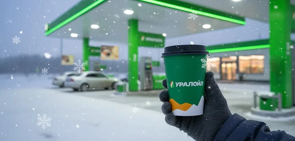 Фирменный стакан УРАЛОЙЛ на фоне АЗС